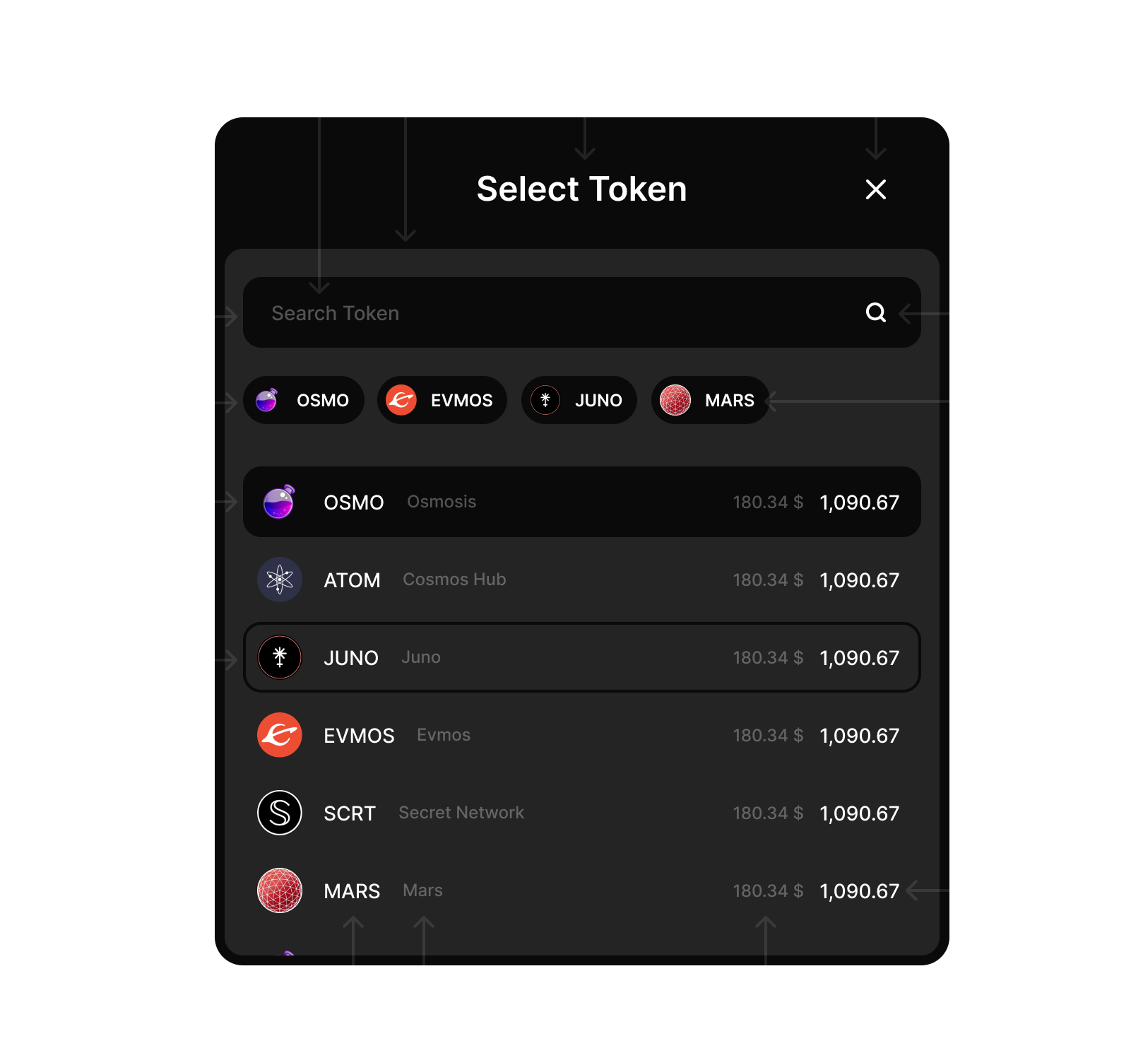 select token screen Token Selector screen image